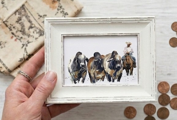 Brahman Cattle Mini Art Print 17x12cm – Framed White Rustic Frame – Majestic, Muscular, Sacred
