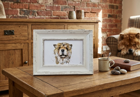 Chow Chow Mini Art Print 17x12cm – Framed White Rustic Frame – Regal Fluff with Attitude