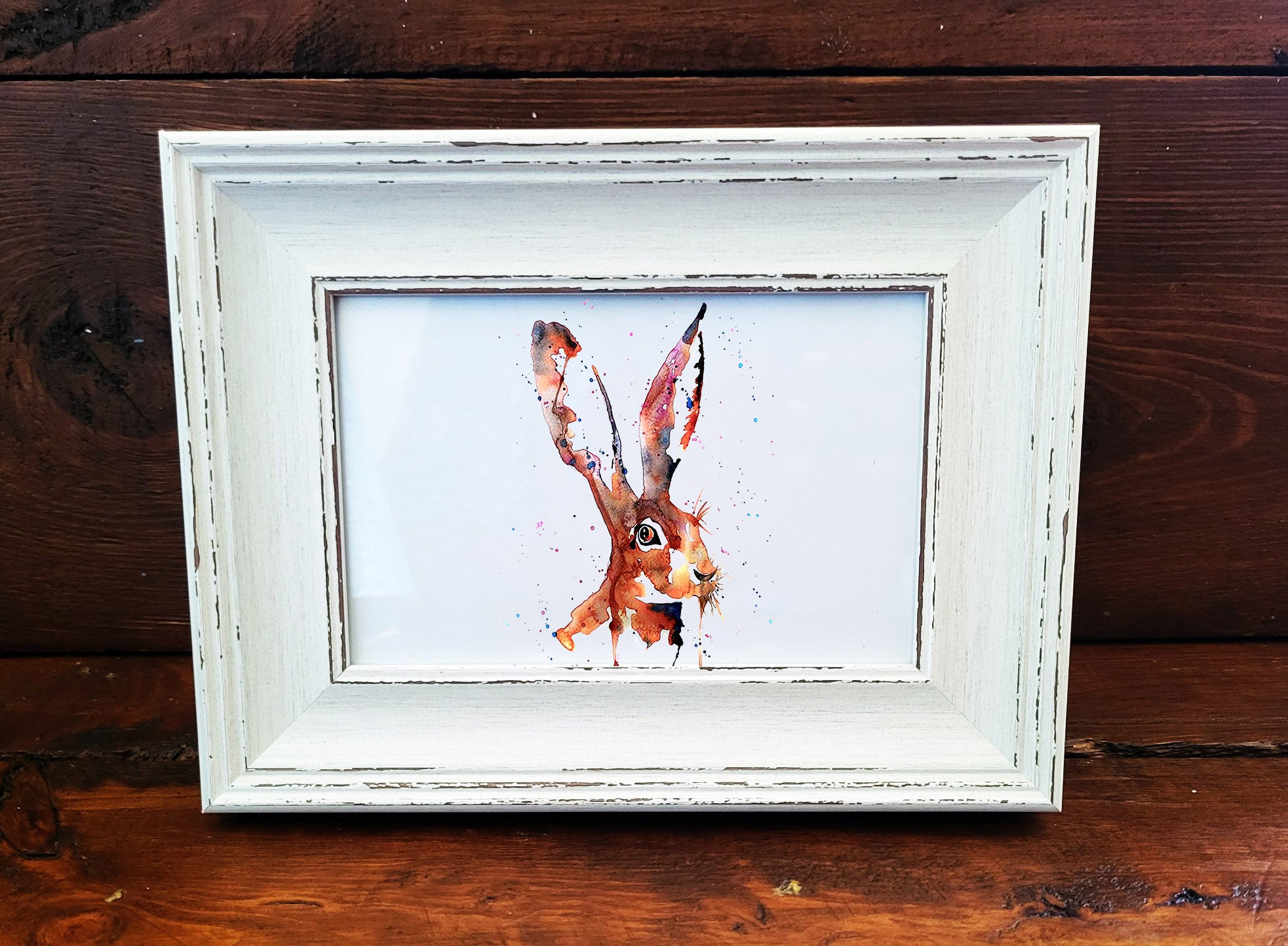 Hare Mini Art Print 17x12cm – Rustic Framed Wildlife Wall Art | Countryside Hare Painting, Cottage Home Decor & Gift for Nature Lovers