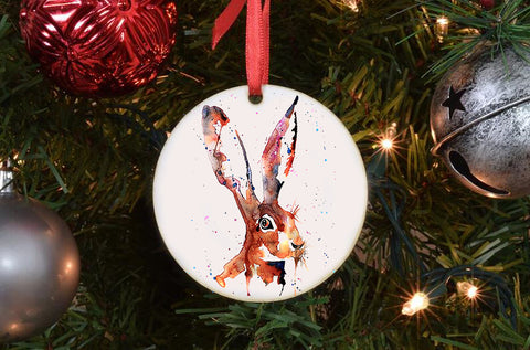 Hare Round Ornament 7 cm – Double-Sided Porcelain Decoration | Rustic Wildlife Hare Art, Country Cottage Gift, Nature Lover Christmas Ornament