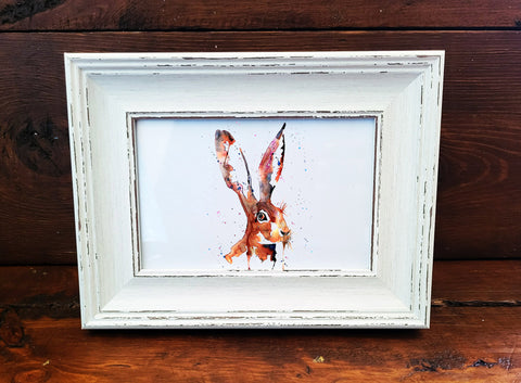 Hare Mini Art Print 17x12cm – Rustic Framed Wildlife Wall Art | Countryside Hare Painting, Cottage Home Decor & Gift for Nature Lovers
