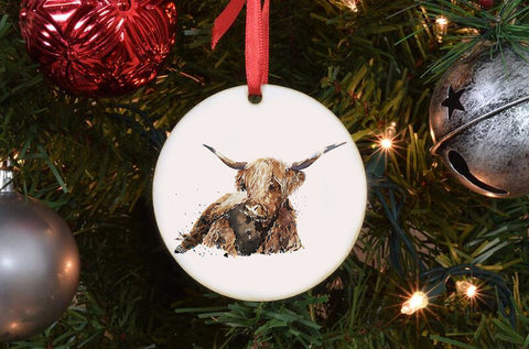 Highland Cow Porcelain Ornament – 7.2cm Double-Sided Farm Animal Decoration | Rustic Cottage Cow Gift, Nature Lover Keepsake