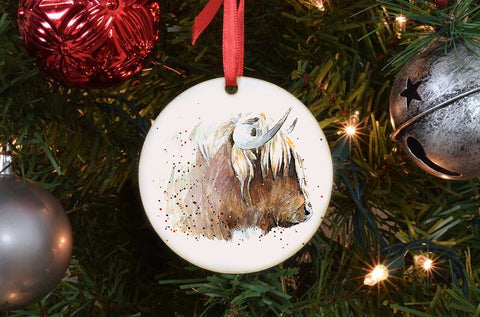 Highland Cow III Porcelain Ornament – 7.2cm Double-Sided Farm Animal Decoration | Rustic Cottage Cow Gift, Nature Lover Keepsake