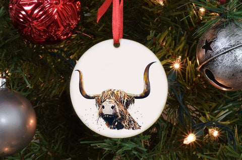 Highland Cow IV Porcelain Ornament – 7.2cm Double-Sided Farm Animal Decoration | Rustic Cottage Cow Gift, Nature Lover Keepsake