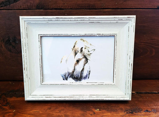 White Horse Mini Art Print 17x12cm – Framed White Rustic Frame – Grace, Power & Quiet Strength