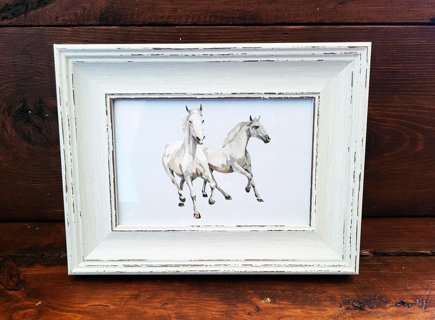 White Horses Mini Art Print 17x12cm – Framed White Rustic Frame – Grace, Power & Quiet Strength