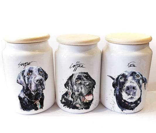 Black Labrador Ceramic Storage Jars Gift Set (Set of 3) | Tea Coffee Sugar Canisters | Edswatercolours