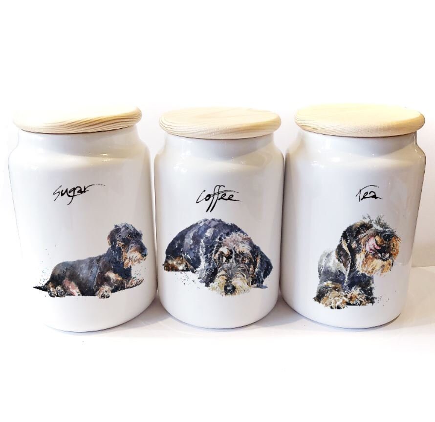 Wirehaired Dachshund Ceramic Storage Jars Gift Set (Set of 3) | Tea Coffee Sugar Canisters | Edswatercolours
