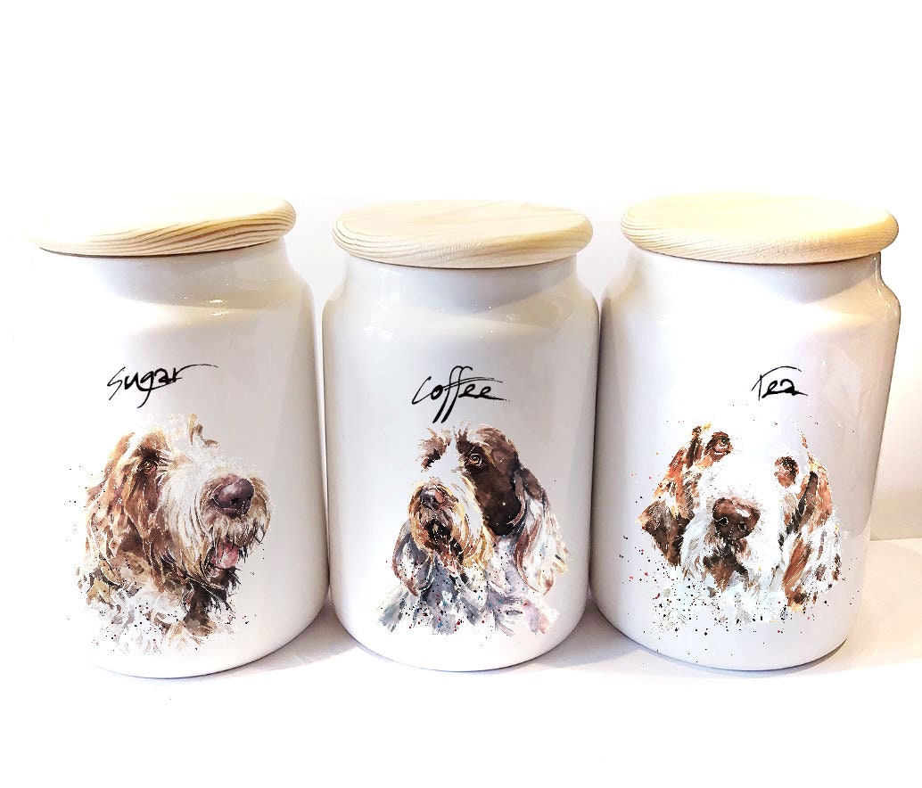 Spinone Dog Ceramic Storage Jars Gift Set (Set of 3) | Tea Coffee Sugar Canisters | Edswatercolours