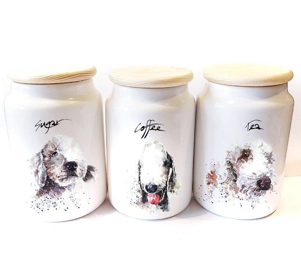 Bedlington Terrier Ceramic Storage Jars Gift Set (Set of 3) | Tea Coffee Sugar Canisters | Edswatercolours