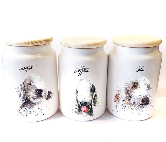 Bedlington Terrier Ceramic Storage Jars Gift Set (Set of 3) | Tea Coffee Sugar Canisters | Edswatercolours