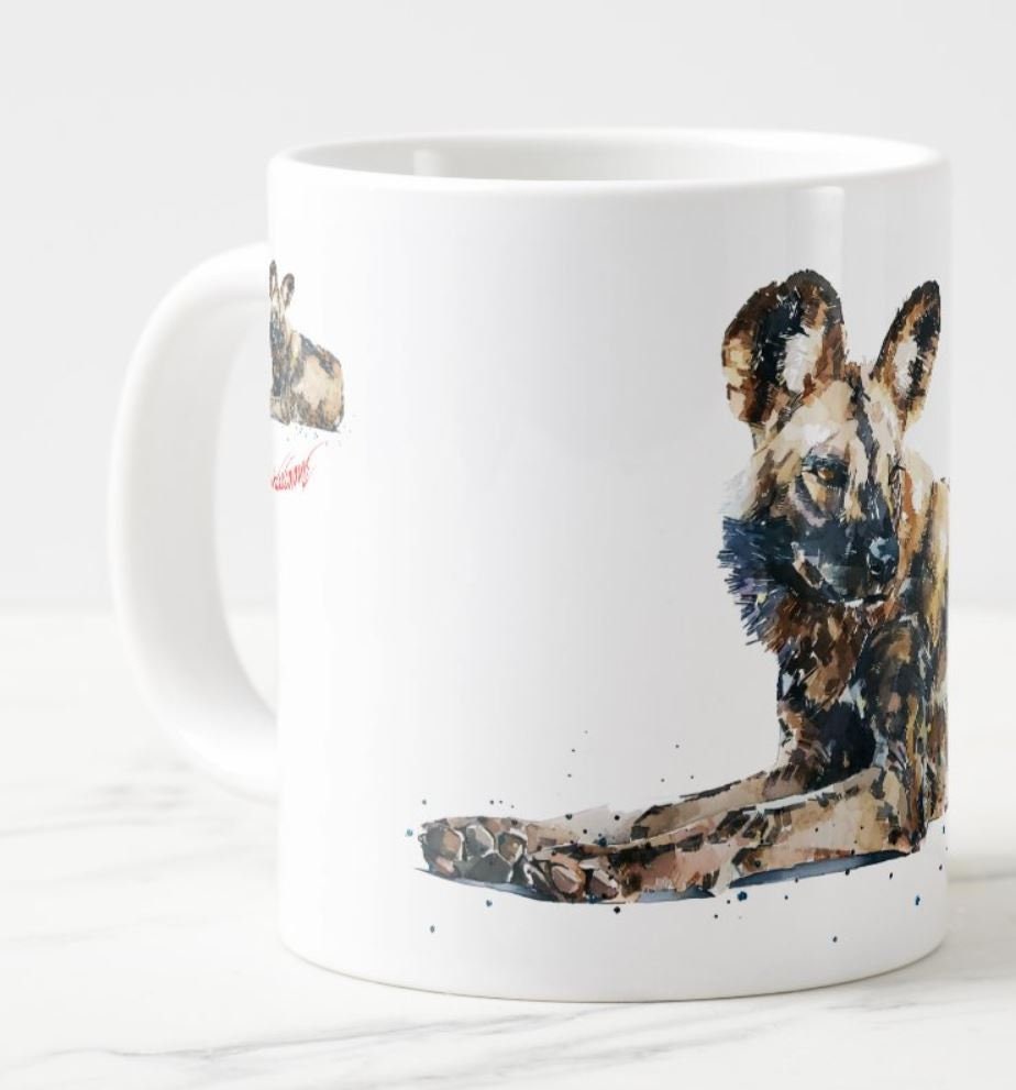 African Wild Dog Version II Ceramic Mug 15oz | Dog Lover Gift | Edswatercolours