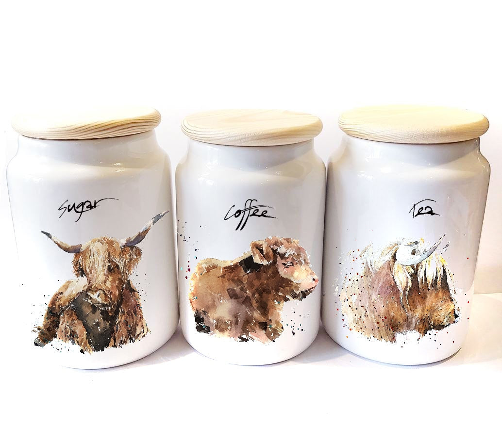 Highland Cow Ceramic Storage Jars Gift Set (Set of 3) | Tea Coffee Sugar Canisters | Edswatercolours