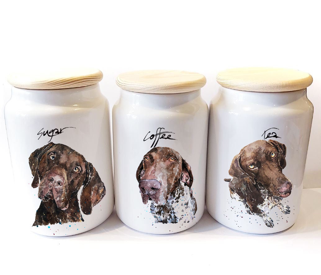 German Shorthaired Pointer Ceramic Storage Jars Gift Set (Set of 3) | Tea Coffee Sugar Canisters | Edswatercolours
