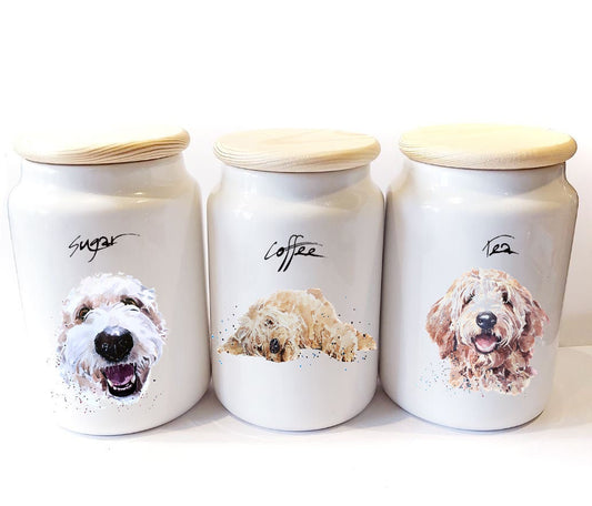 Goldendoodle Ceramic Storage Jars Gift Set (Set of 3) | Tea Coffee Sugar Canisters | Edswatercolours