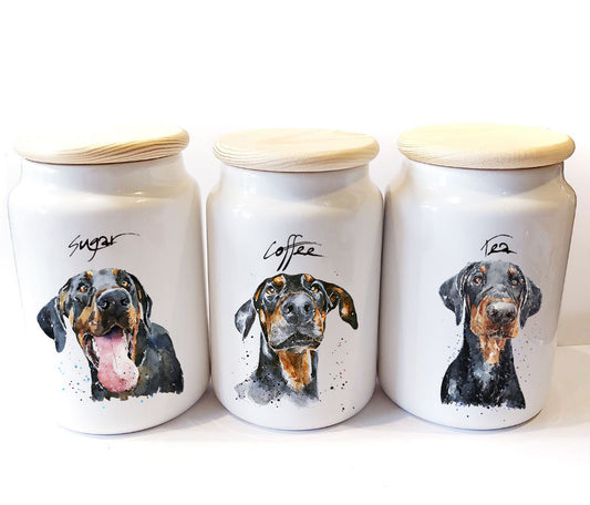 Doberman Ceramic Storage Jars Gift Set (Set of 3) | Tea Coffee Sugar Canisters | Edswatercolours