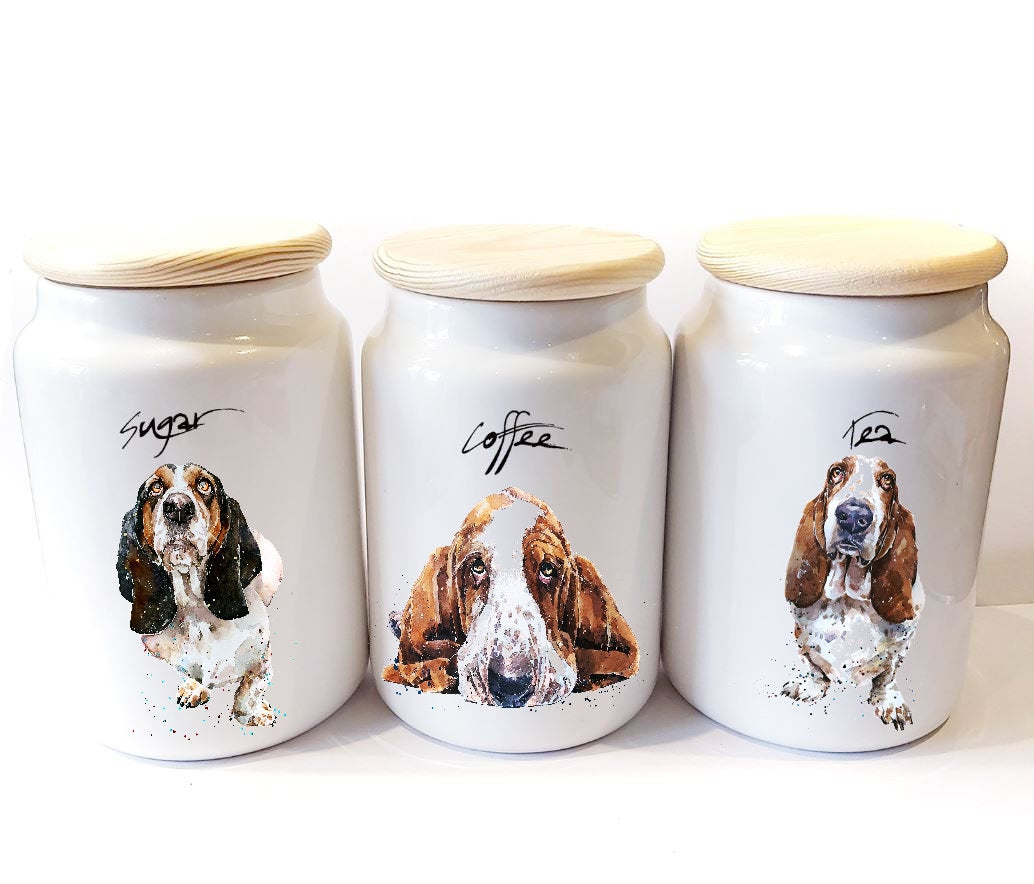 Basset Hound Ceramic Storage Jars Gift Set (Set of 3) | Tea Coffee Sugar Canisters | Edswatercolours