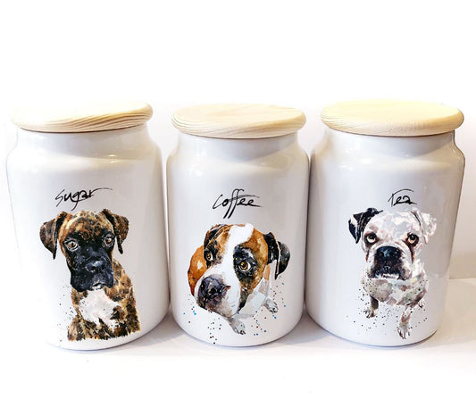 German Boxer Dogs Ceramic Storage Jars Gift Set (Set of 3) | Tea Coffee Sugar Canisters | Edswatercolours