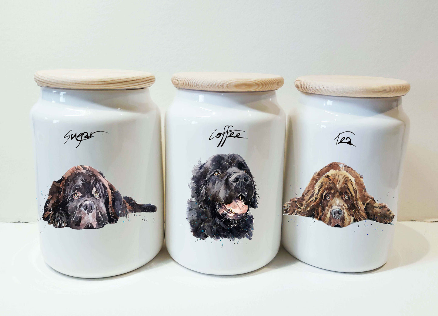 Newfoundland Dog Ceramic Storage Jars Gift Set (Set of 3) | Tea Coffee Sugar Canisters | Edswatercolours