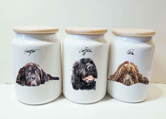 Newfoundland Dog Ceramic Storage Jars Gift Set (Set of 3) | Tea Coffee Sugar Canisters | Edswatercolours