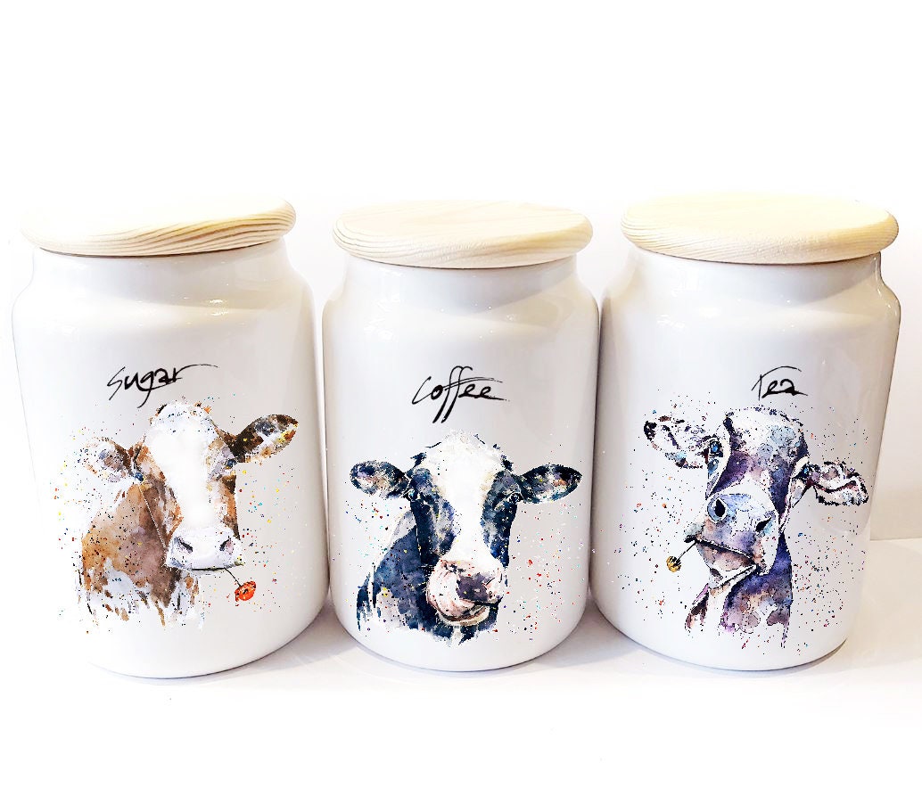 Cute Cows Ceramic Storage Jars Gift Set (Set of 3) | Tea Coffee Sugar Canisters | Edswatercolours
