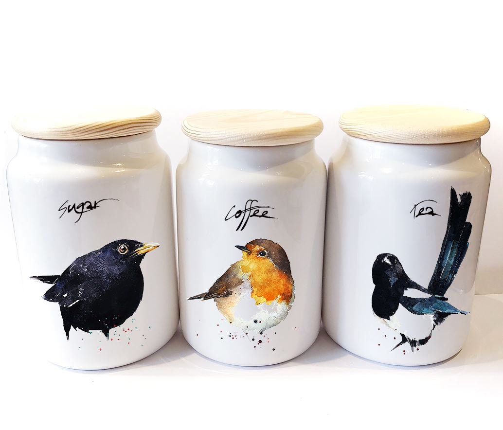 Birds of Britain Ceramic Storage Jars Gift Set (Set of 3) | Tea Coffee Sugar Canisters | Edswatercolours