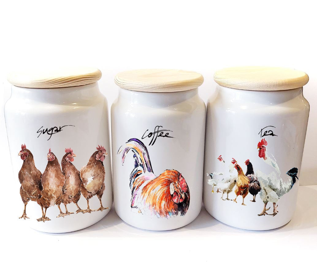 Chickens II Ceramic Storage Jars Gift Set (Set of 3) | Tea Coffee Sugar Canisters | Edswatercolours
