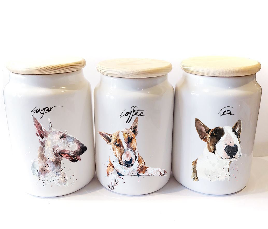 English Bull Terrier Ceramic Storage Jars Gift Set (Set of 3) | Tea Coffee Sugar Canisters | Edswatercolours