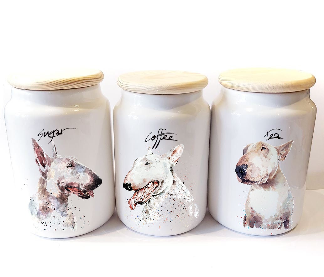 White English Bull Terrier Ceramic Storage Jars Gift Set (Set of 3) | Tea Coffee Sugar Canisters | Edswatercolours
