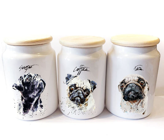 Pug Ceramic Storage Jars Gift Set (Set of 3) | Tea Coffee Sugar Canisters | Edswatercolours