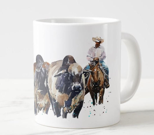 Brahman Cattle & Cowboy Ceramic Mug 15oz | Cow Lover Gift | Edswatercolours