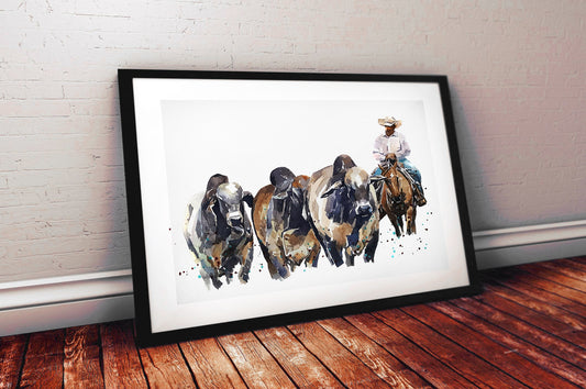 Brahman Cattle & Cowboy | Original Watercolour | Cow Lover Gift | Edswatercolours