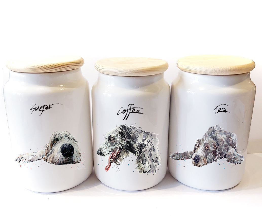 Irish Wolfhound Ceramic Storage Jars Gift Set (Set of 3) | Tea Coffee Sugar Canisters | Edswatercolours