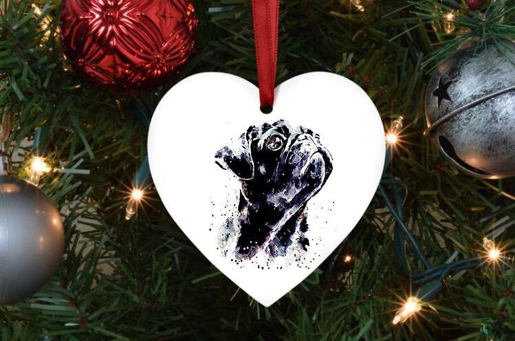 Black Pug Heart Christmas Ornament | Dog Lover Gift | Edswatercolours