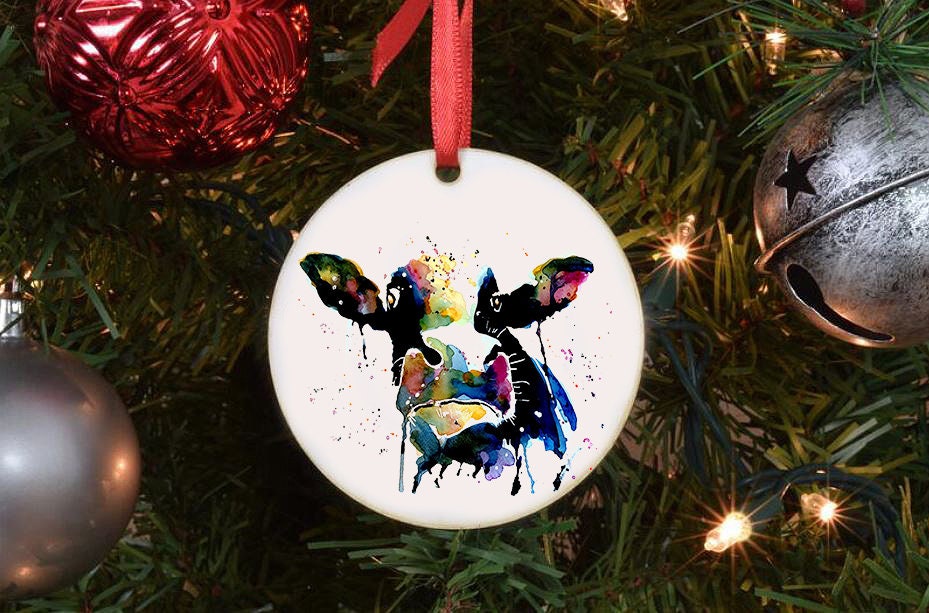 Rainbow Cow Christmas Ornament | Country Animal Gift | Edswatercolours