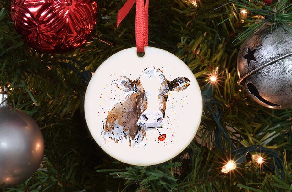 Poppy Cow Christmas Ornament | Country Animal Gift | Edswatercolours