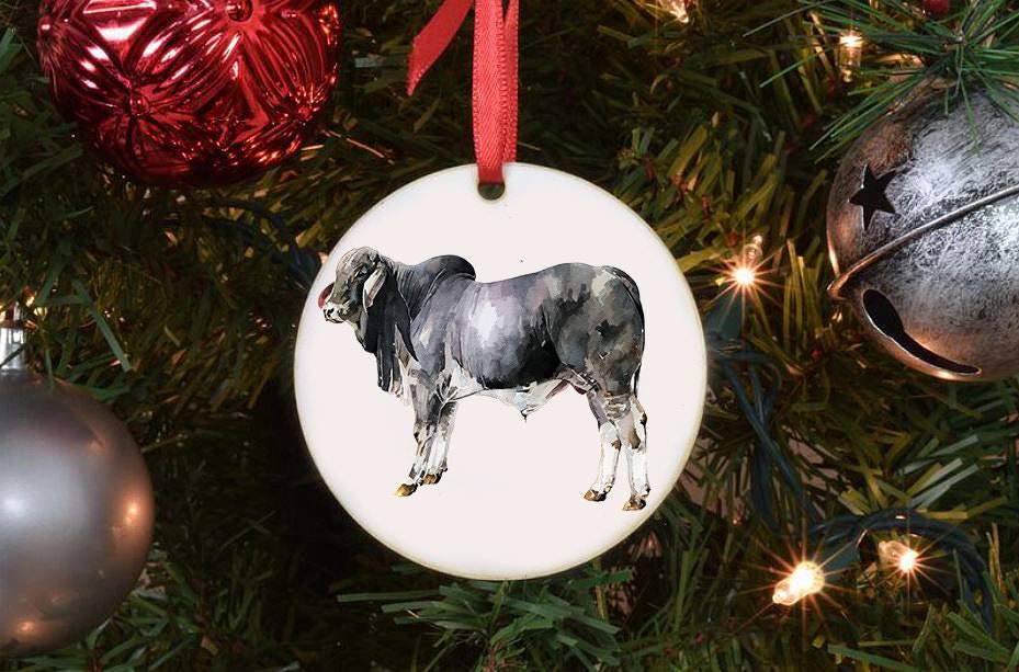 Grey Brahman Bull Christmas Ornament | Country Animal Gift | Edswatercolours