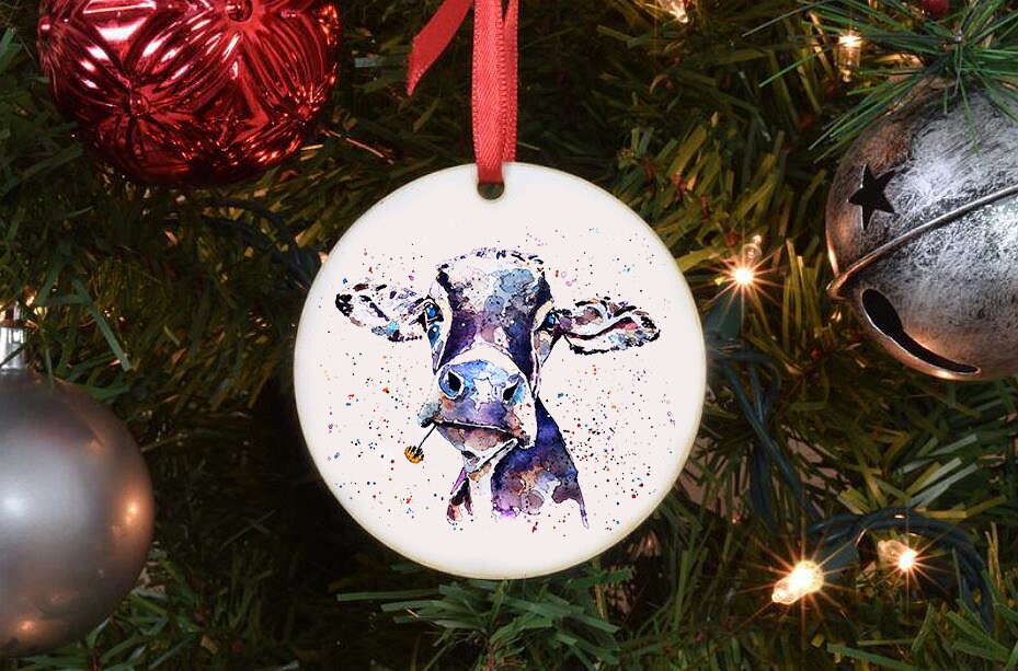 Daisy Cow Christmas Ornament | Country Animal Gift | Edswatercolours