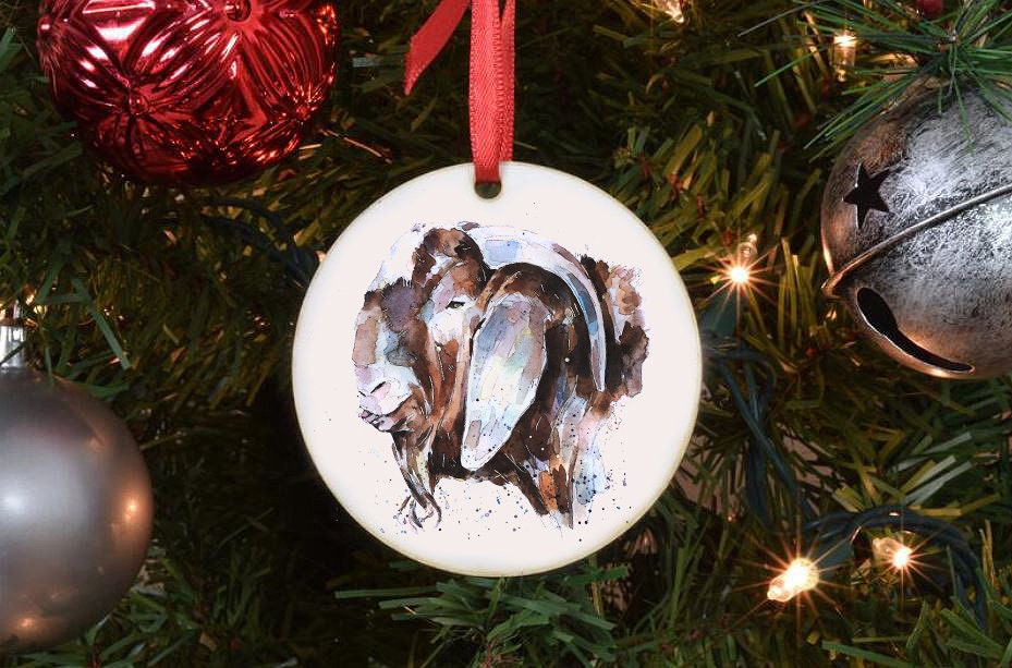 Nubian Goat V Christmas Ornament | Country Animal Gift | Edswatercolours