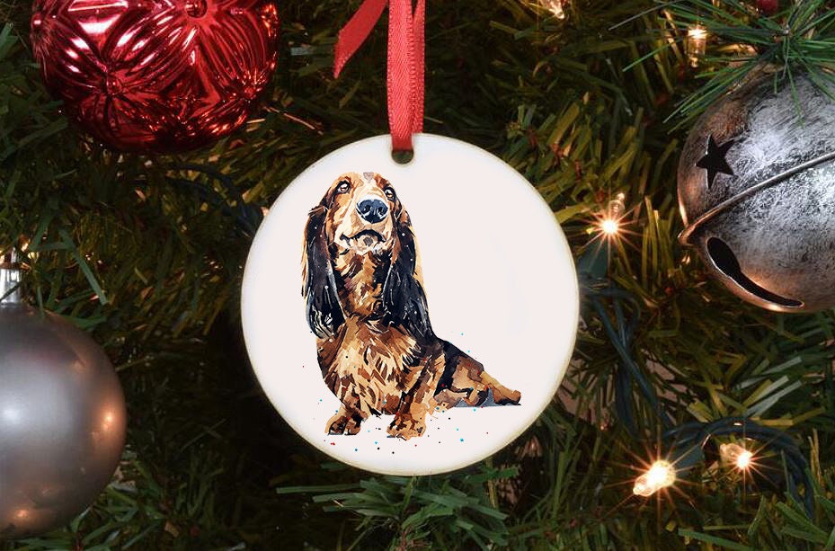Long Haired Dachshund Christmas Ornament | Dog Lover Gift | Edswatercolours