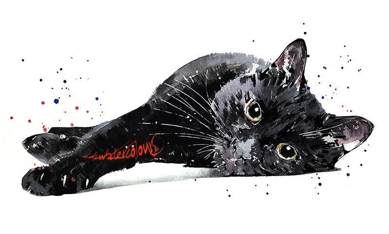 Black Cat Reclined" Print Watercolour.Black Cat art,Black Cat print,Black Cat watercolour art,Black Cat wall art,Black Cat decor