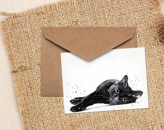 Black Cat Watercolour Greeting/Note Card-Black Cat Art card, Cat Greeting card ,Kitten Greetings card,Black Cat watercolor greeting card