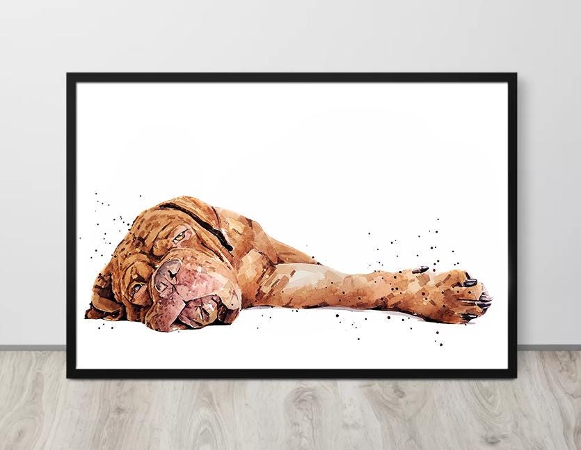 DDB Reclined" – Dogue de Bordeaux Watercolour Print | Framed, Unframed, or Canvas | Lazy Dog Art with Big Chill Energy