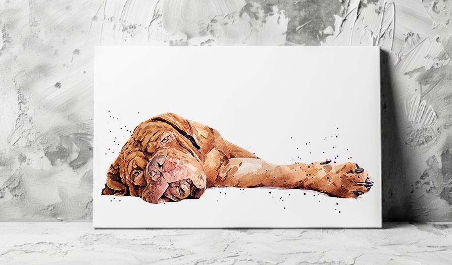DDB Reclined" – Dogue de Bordeaux Watercolour Print | Framed, Unframed, or Canvas | Lazy Dog Art with Big Chill Energy