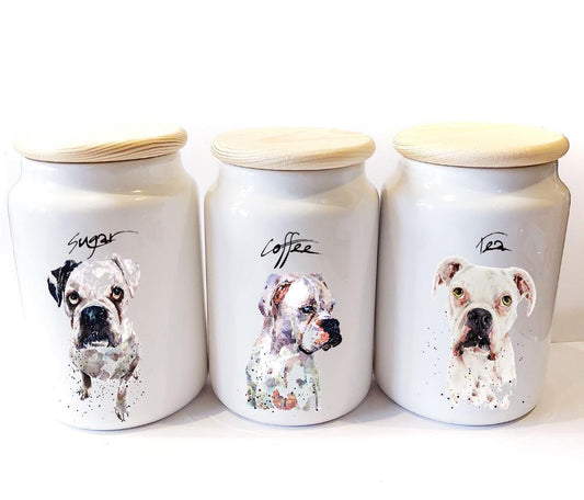 White German Boxer Dog Ceramic Storage Jars Gift Set (Set of 3) | Tea Coffee Sugar Canisters | Edswatercolours