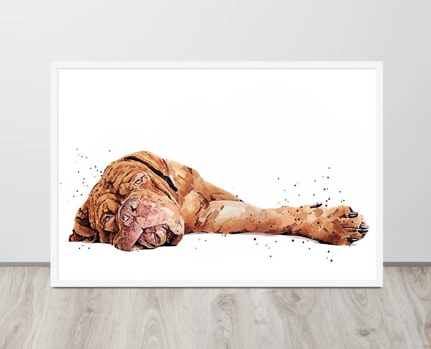 DDB Reclined" – Dogue de Bordeaux Watercolour Print | Framed, Unframed, or Canvas | Lazy Dog Art with Big Chill Energy