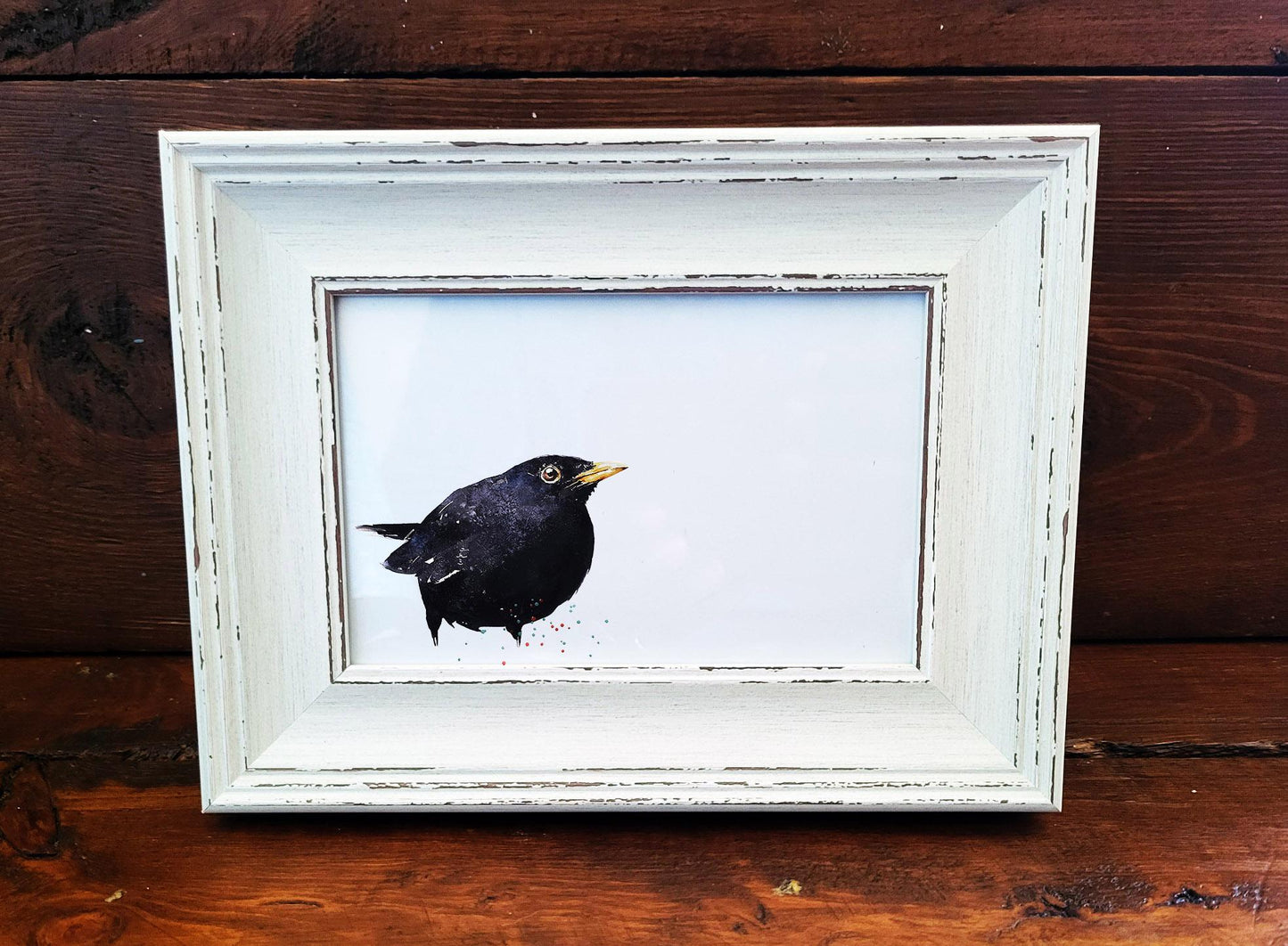 Blackbird Mini Art Print 17x12cm – Framed White Rustic Frame – Nature’s Quiet Elegance. Framed bird print,nature art print