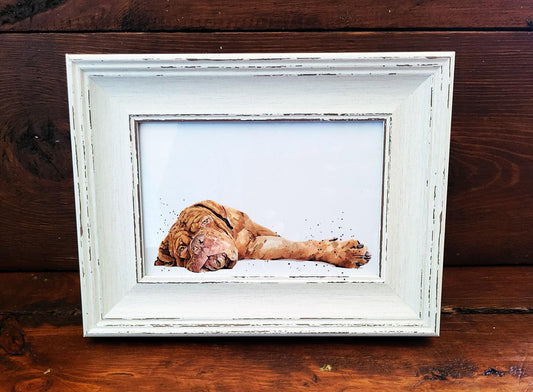 Dogue de Bordeaux Mini Art Print 17x12cm – Framed White Rustic Frame. Big Heart, Bigger Jowls.DDB Print,DDB Mini Art Print