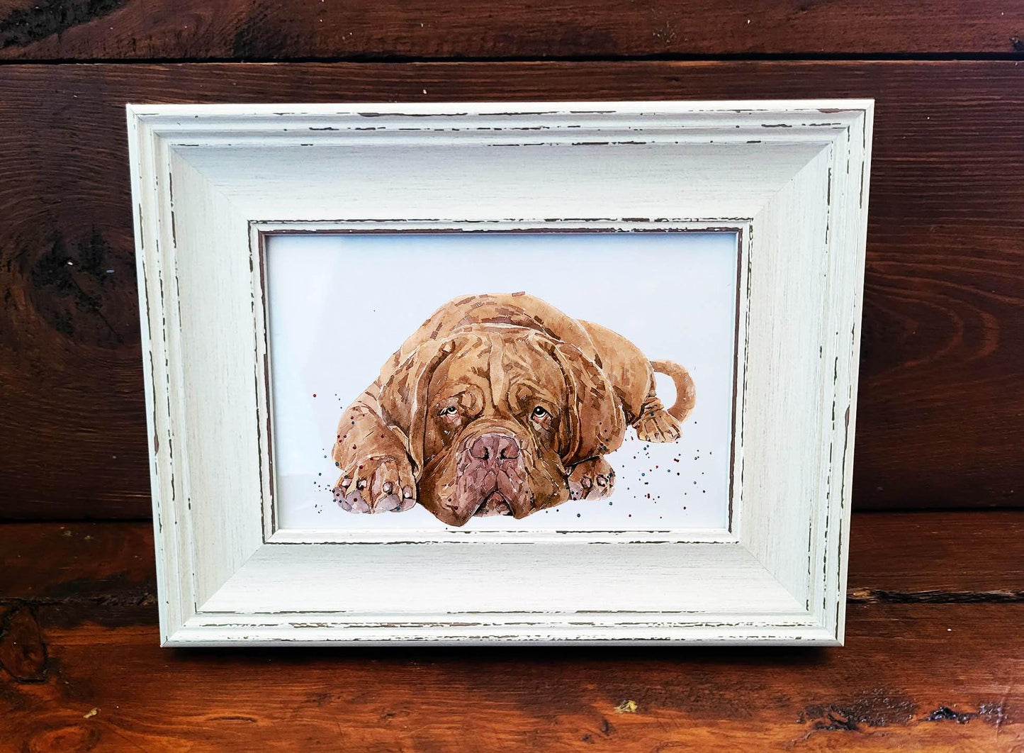 Dogue de Bordeaux Mini Art Print 17x12cm – Framed White Rustic Frame. Big Heart, Bigger Jowls.DDB Print,DDB Mini Art Print