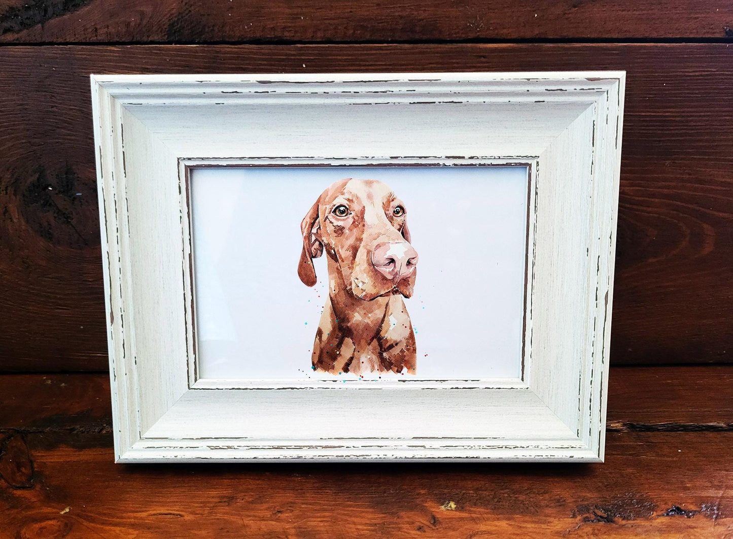 Vizsla Mini Art Print 17x12cm – Framed White Rustic Frame (Assorted) Vizsla art print framed vizsla art,vizsla dog decor,dog lover gift